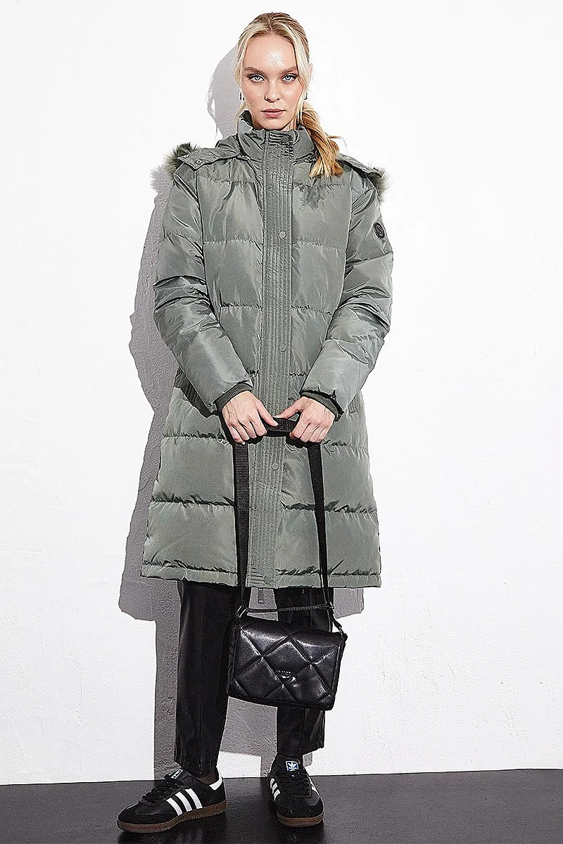 Quilted Stand Collar Hooded Fur Coat Mold Green
