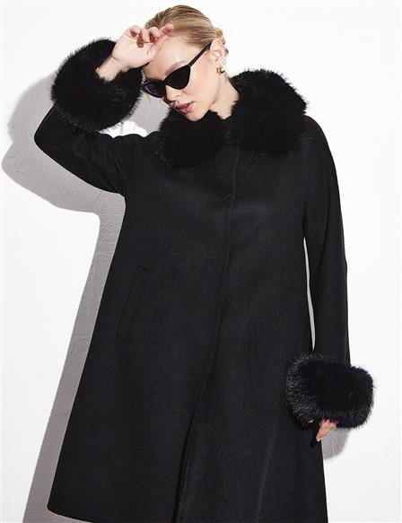 Premium Wool Faux Fur Coat Black