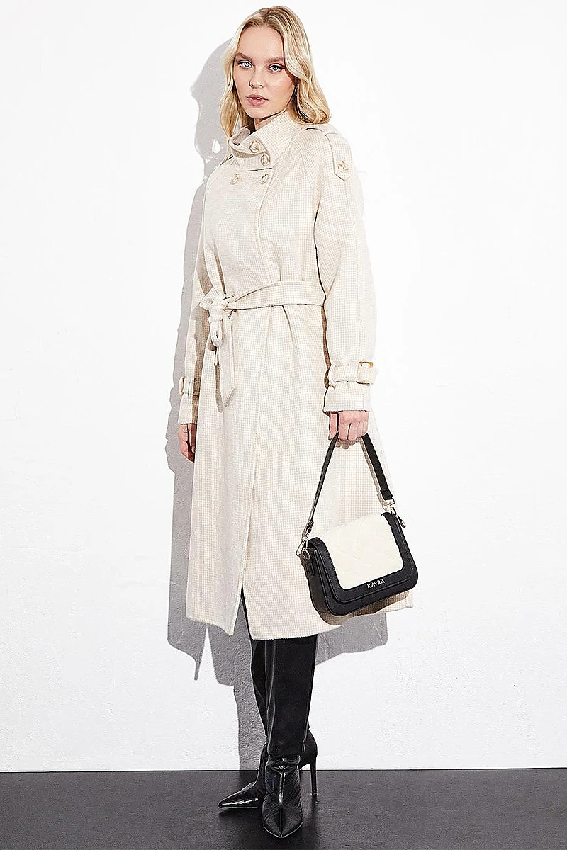 Premium High Collar Double Breasted Belted Stash Coat Cream