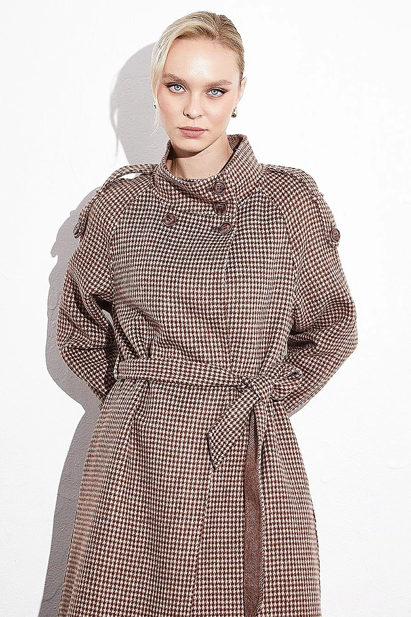 Premium Wool Stand Collar Belted Coat Chestnut