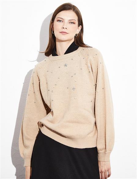 Exclusive Stone and Pearl Raglan Sleeve Knit Blouse Stone