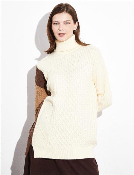 Exclusive Örgü Tasarımlı Renkli Triko Tunik Camel