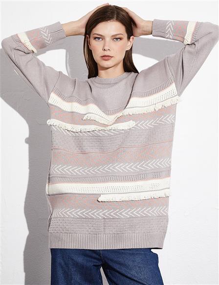 Exclusive Mixed Patterned Fringed Knitwear Tunic Gray