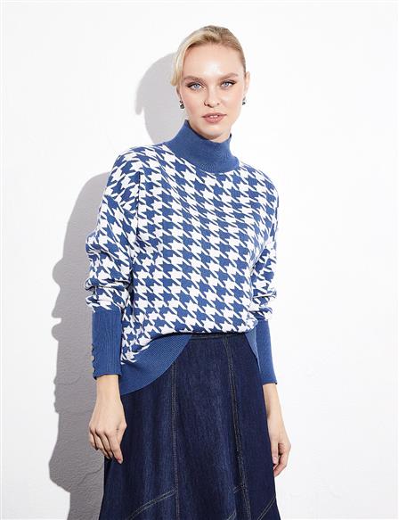 Exclusive Turtleneck Goose Feet Pattern Knitwear Blouse Indigo Ecru