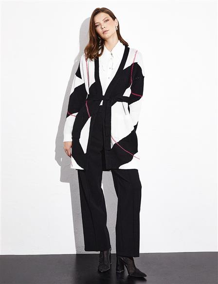 Exclusive Belted Textured Knit Cardigan Black Optical White