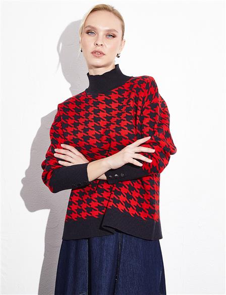 Exclusive Turtleneck Goose Feet Pattern Knitwear Sweater Navy Blue Coral