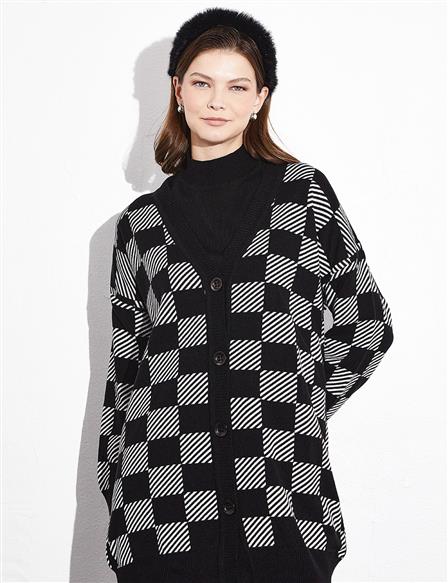 Checkered Stripe Design Cardigan Black