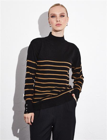 Turtleneck Striped Knitwear Blouse Black Beige