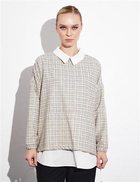 Layered Detailed Checked Tunic Beige