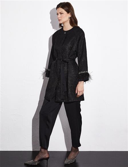 Jacquard Sleeves Ribbed Double Suit Black