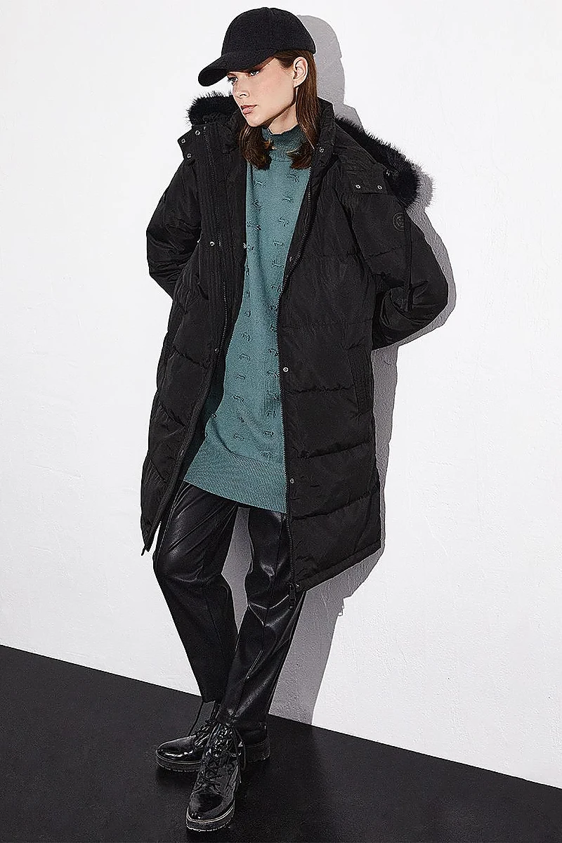 Quilted Stand Collar Hooded Fur Coat Black