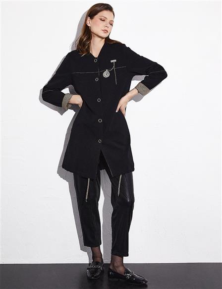 College Collar Beaded Embroidered Jacket Black