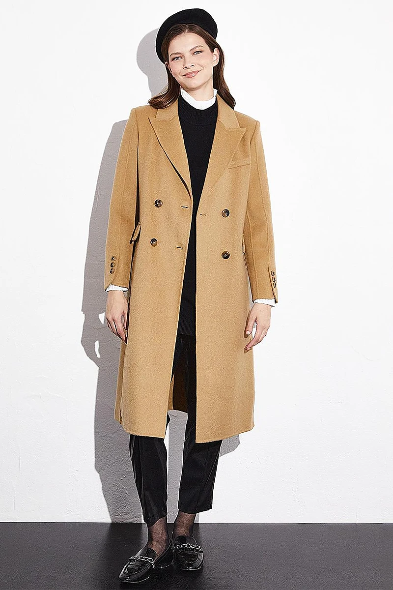 Premium Wool Double-Button Coat Camel
