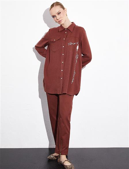 Text Printed Button Blouse Chestnut