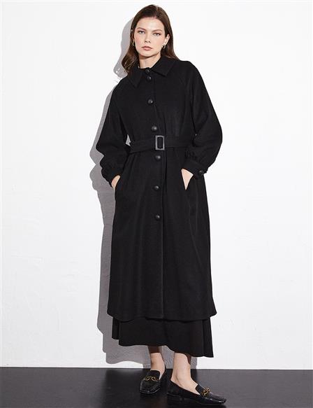 Belted Raglan Sleeve Stash Coat Black