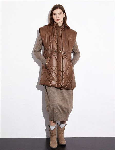 Shiny Look Gathered Waist High Collar Vest Brown