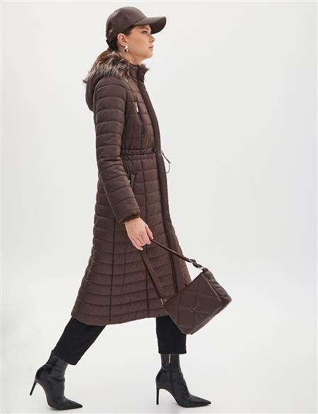 Fur Collar Quilted Puffer Coat Dark Brown