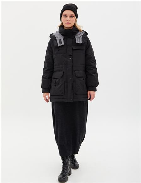 Pocket Detail Stand-up Collar Goose Feather Coat Black