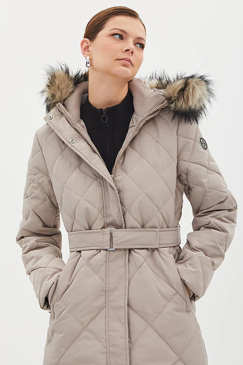 Diamond Patterned Faux Fur Goose Feather Coat Stone