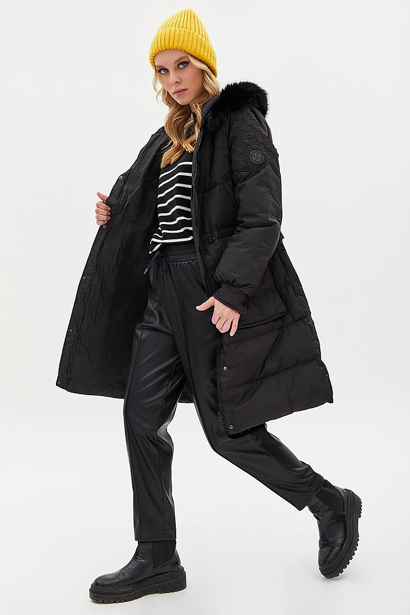 Faux Fur Fabric Garnished Goose Down Coat Black