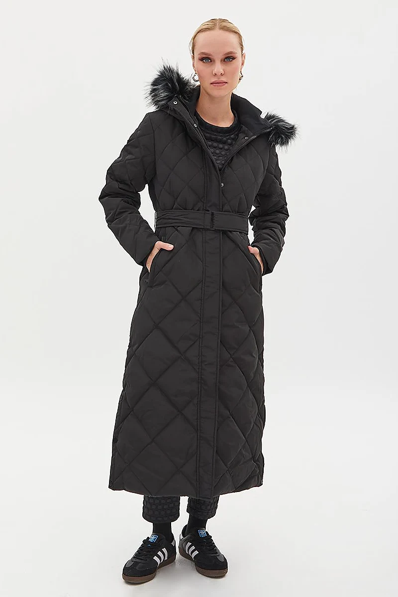 Diamond Patterned Faux Fur Goose Down Coat Black