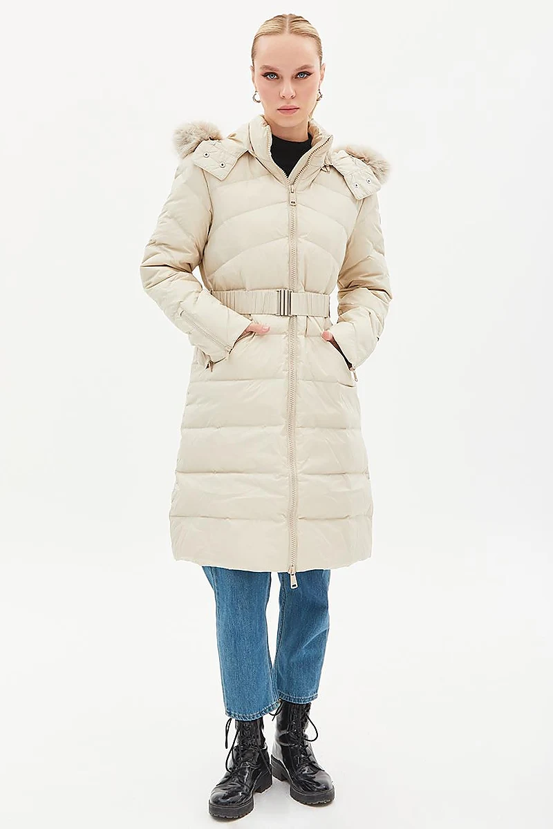 Removable Hooded Goose Down Coat Cream