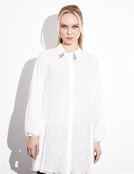 Abstract Patterned Pleated Tunic Optical White