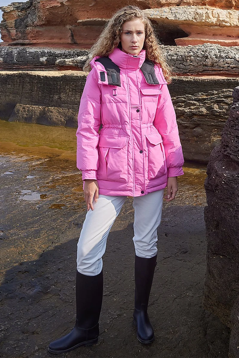Pocket Detail Stand-up Collar Goose Feather Coat Pink