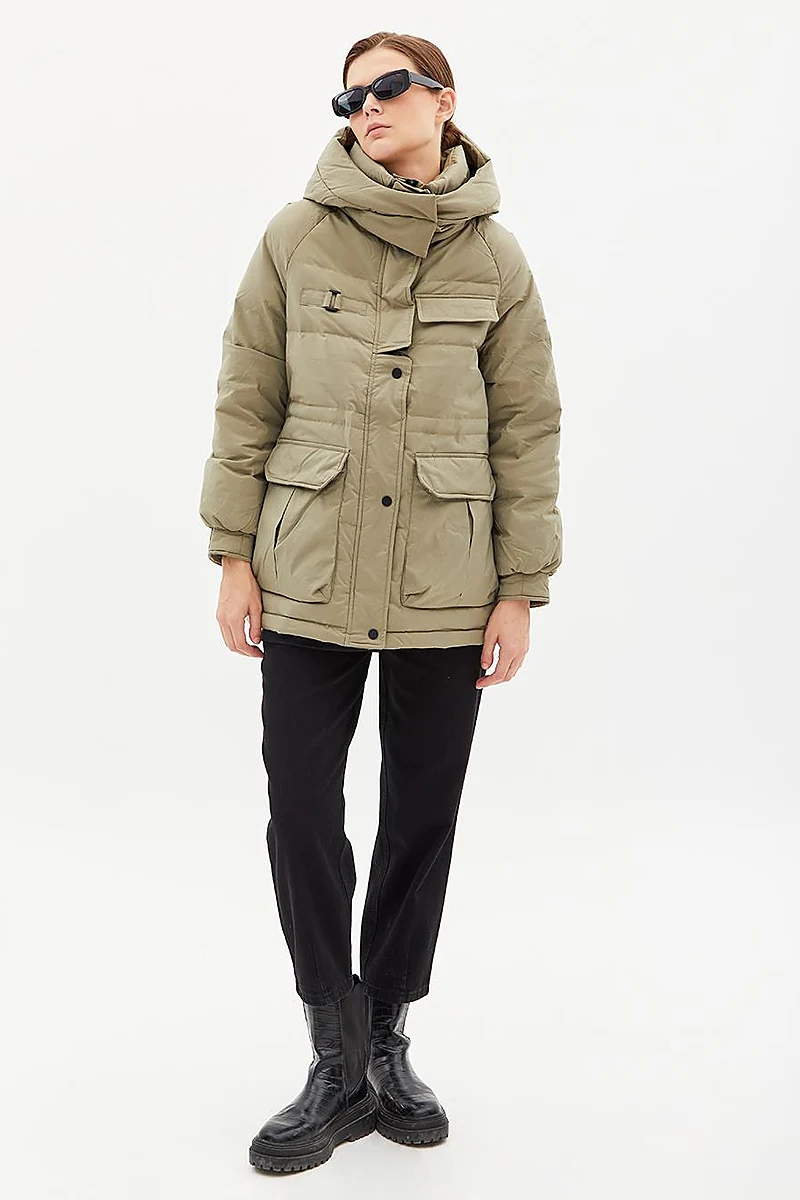 Pocket Detail Stand Collar Goose Feather Coat Khaki
