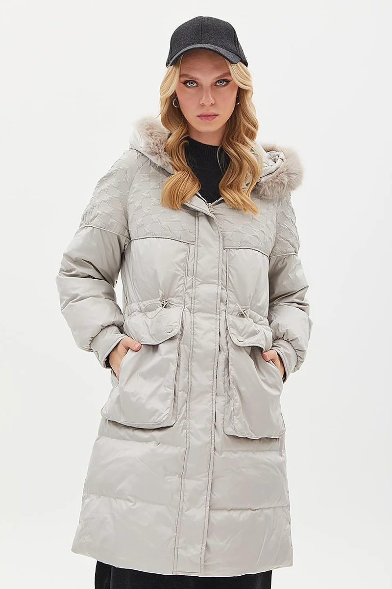 Faux Fur Fabric Garnished Goose Down Coat Light Gray