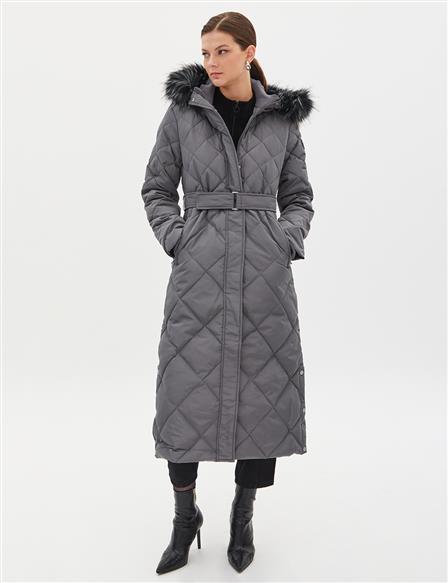 Diamond Patterned Faux Fur Goose Down Coat Smoked