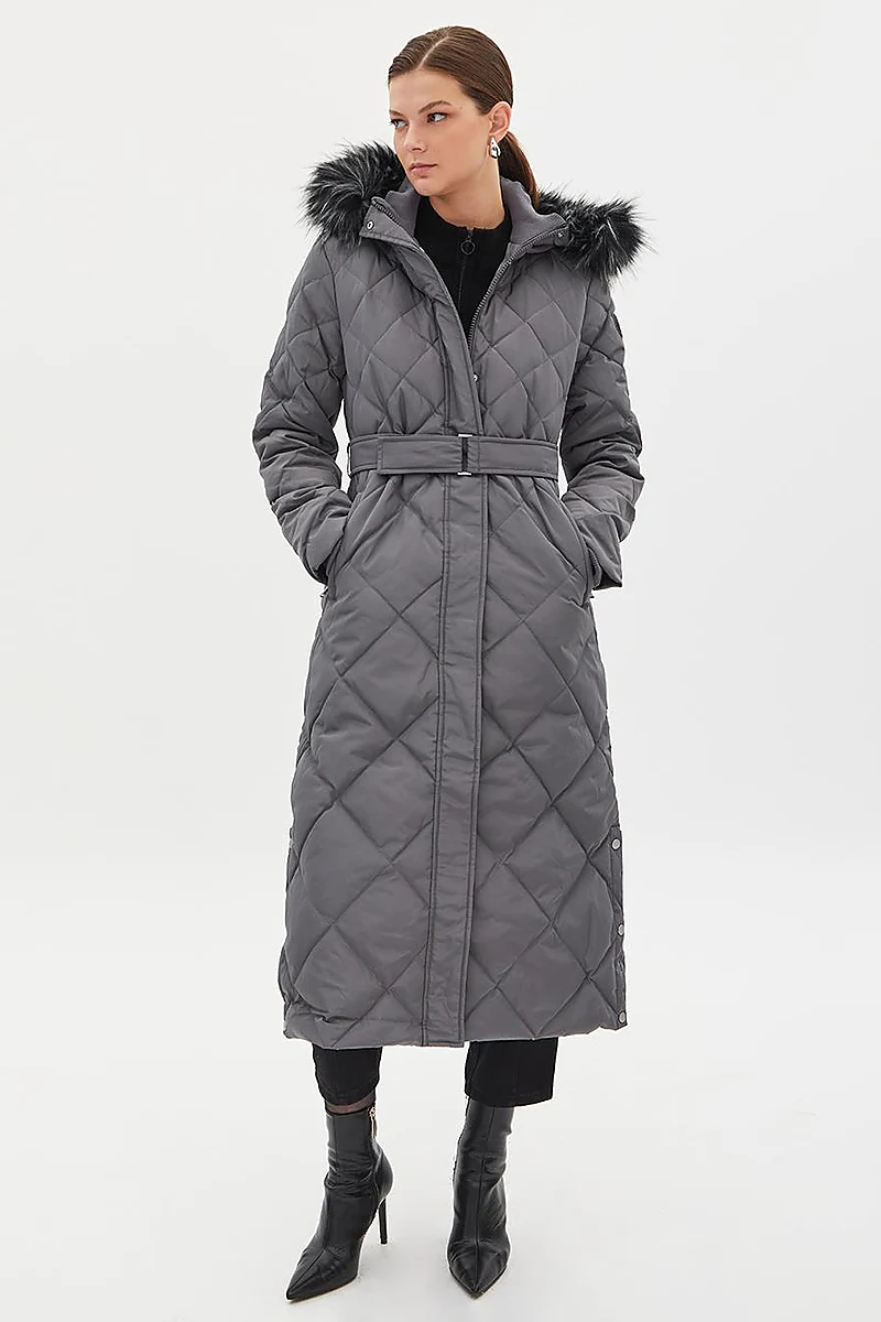 Diamond Patterned Faux Fur Goose Down Coat Smoked