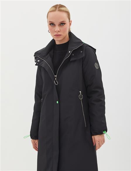 Hooded Stand Collar Coat Black