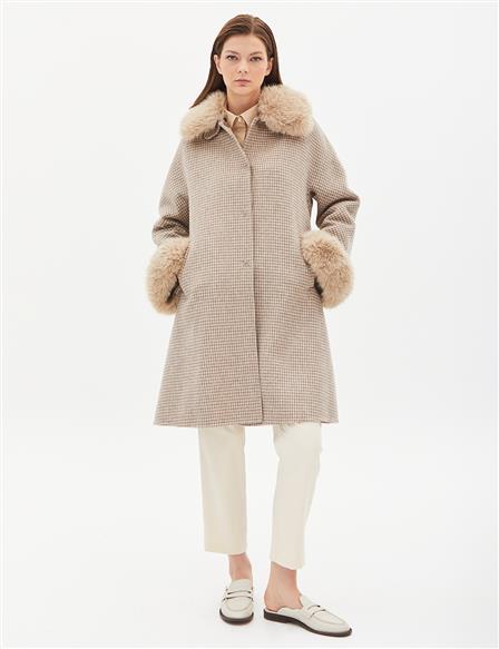 Premium Wool Faux Fur Coat Stone