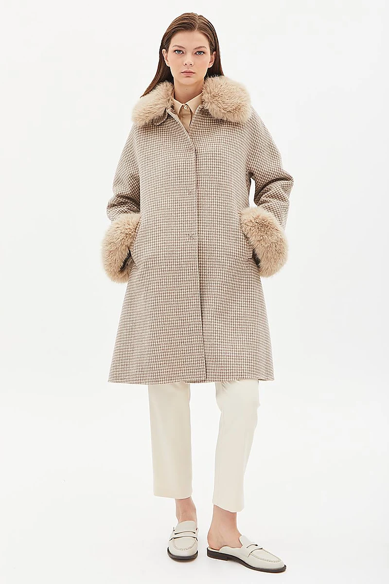 Premium Wool Faux Fur Coat Stone