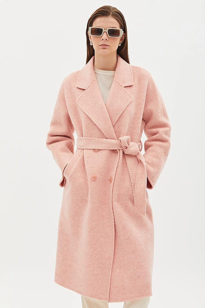 Premium Wool Men's Collar Belted Coat Powder