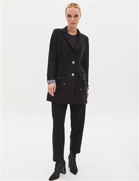 Buttoned Waist Gathered Jacket Black