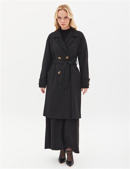Low Shoulder Belted Cashew Coat Black