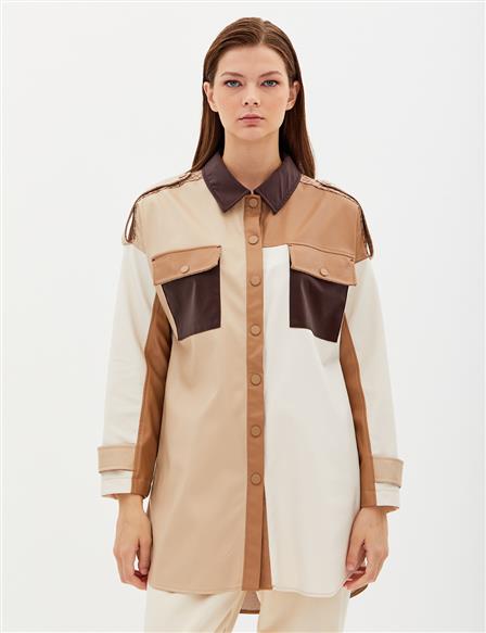 Colorful Faux Leather Snap Tunic Beige