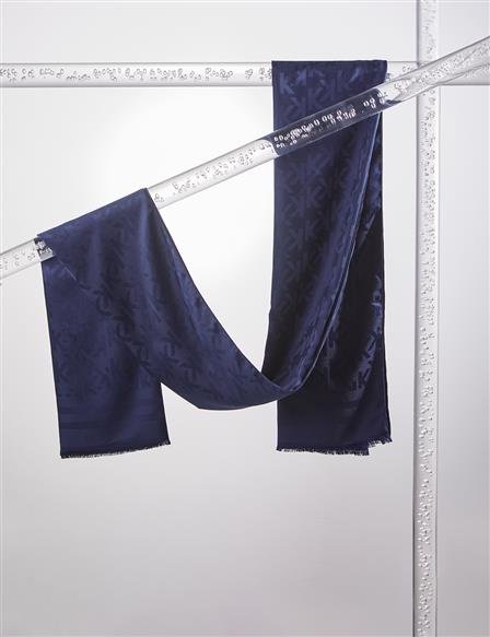 Silk Blend Jacquard Monogram Patterned Shawl Navy Blue
