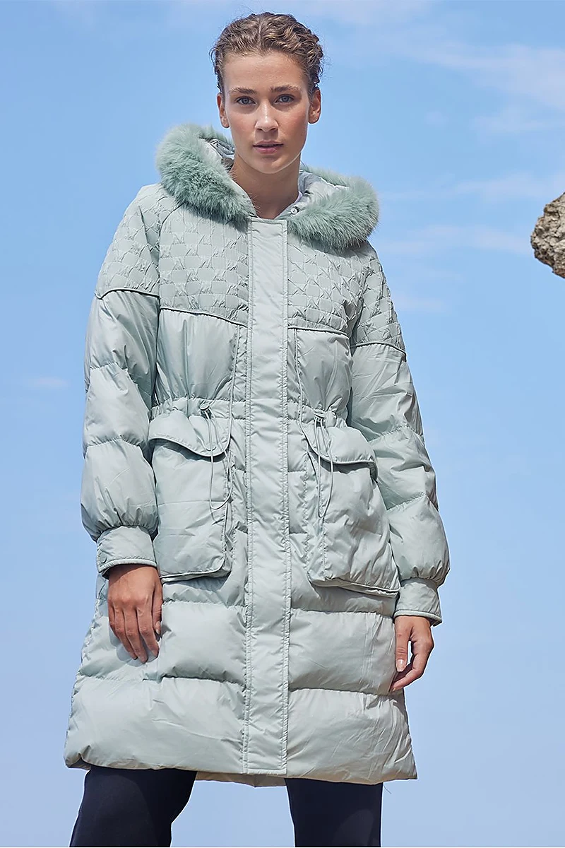 Faux Fur Fabric Garnished Goose Feather Coat Mint