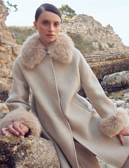 Premium Wool Faux Fur Coat Cream