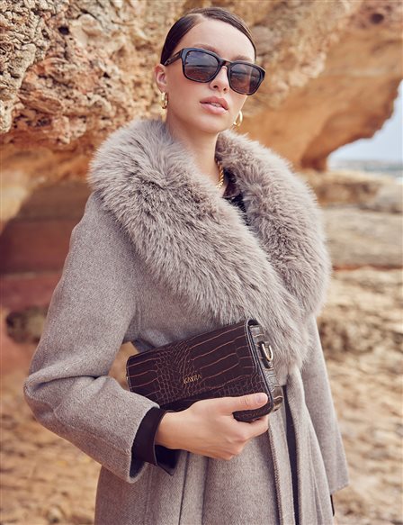 Premium Wool Fur Double Breasted Belted Coat Stone