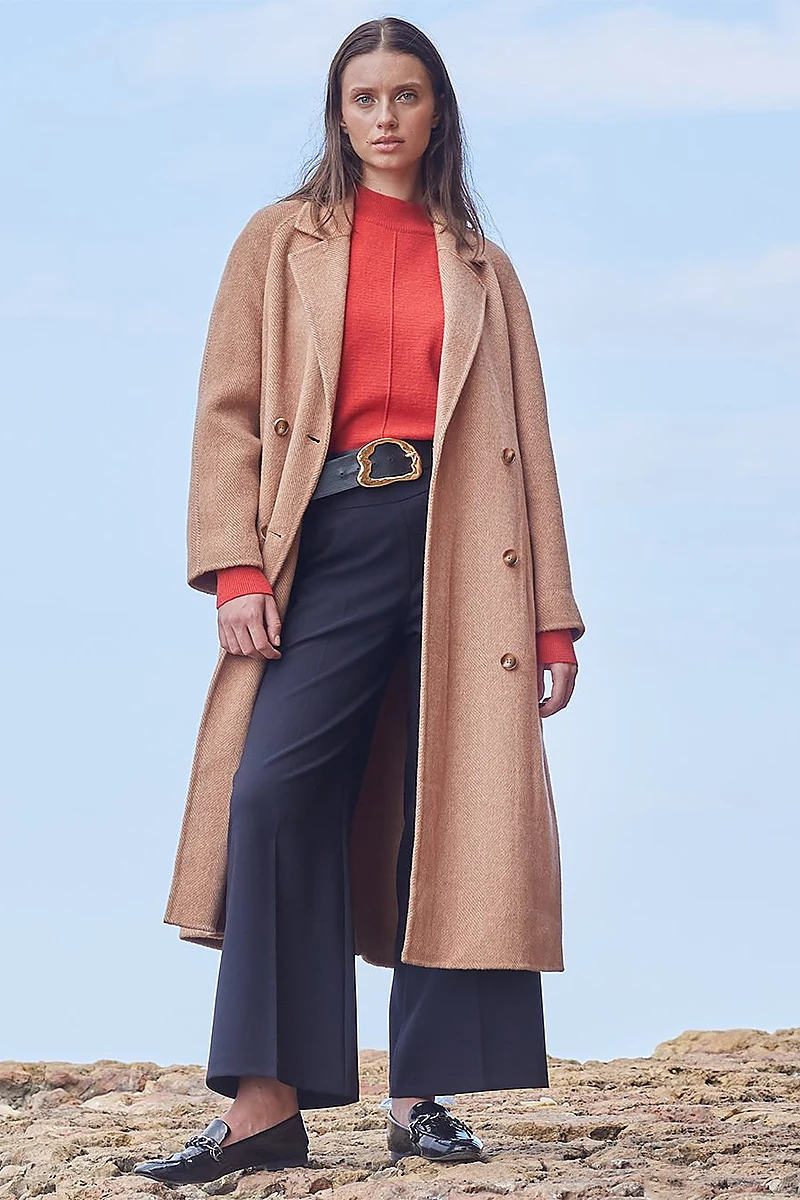 Premium Wool Raglan Sleeve Belted Coat Camel