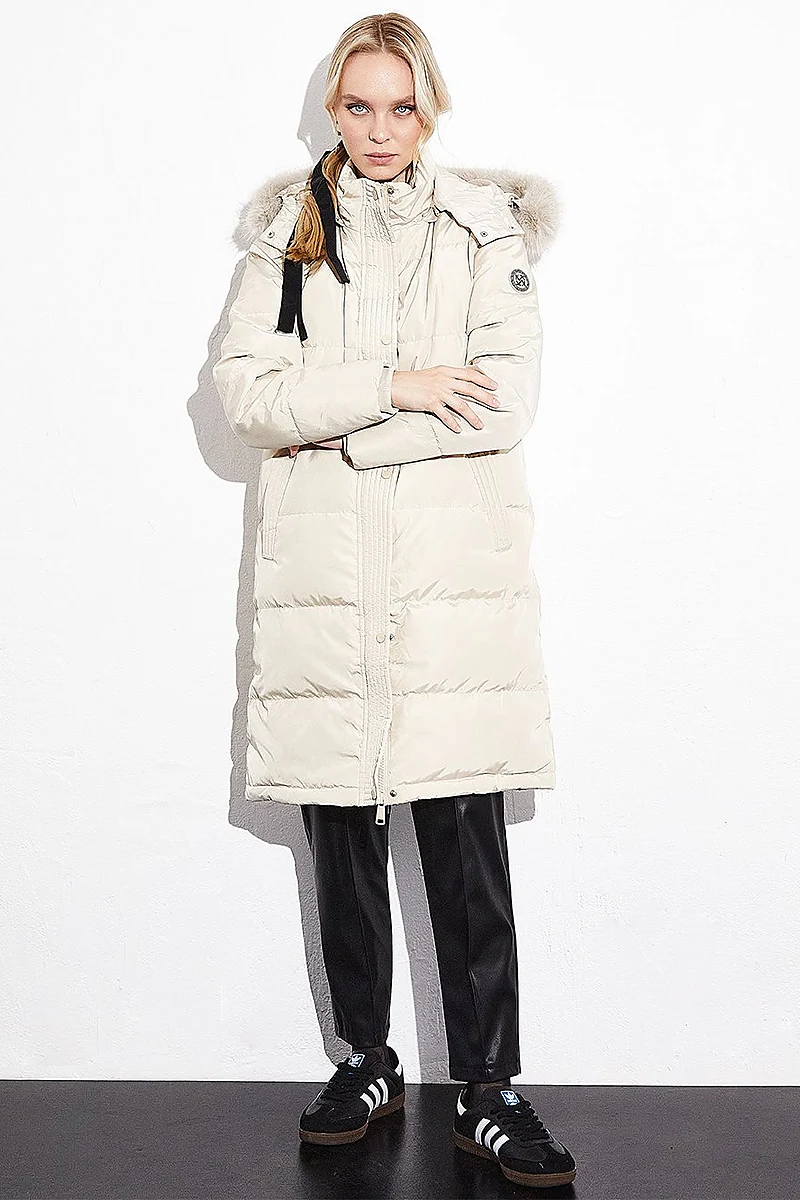 Quilted Stand Collar Hooded Fur Coat Cream