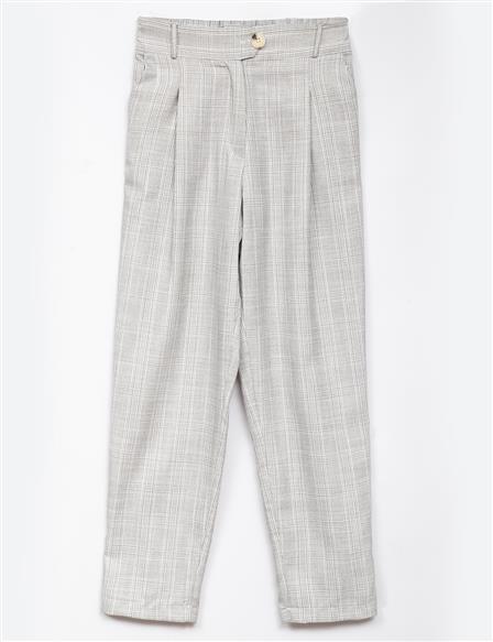 Elastic Waist Pleated Plaid Pants Grey