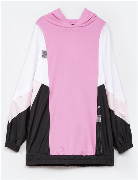  Hooded Elasticized Ribbed Sweatshirt in Candy Pink