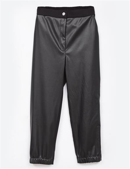 Elastic Waist and Hem Faux Leather Embellished Tapered Pants in Black
