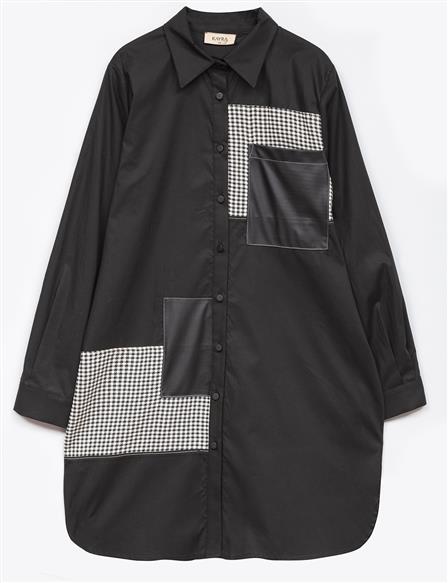Button-Down Shirt with Shirt Collar, Herringbone, and Leather Trimmed Contrast Stitching in Black