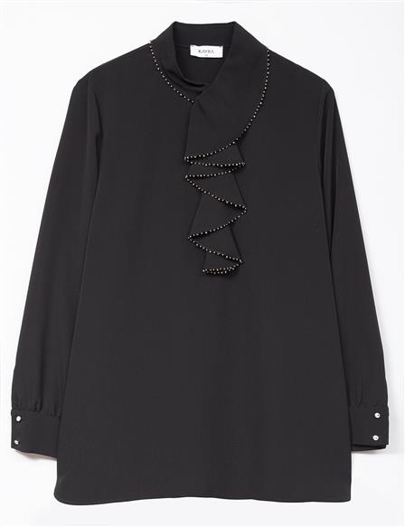 Ruffled Collar Embroidered Tunic in Black